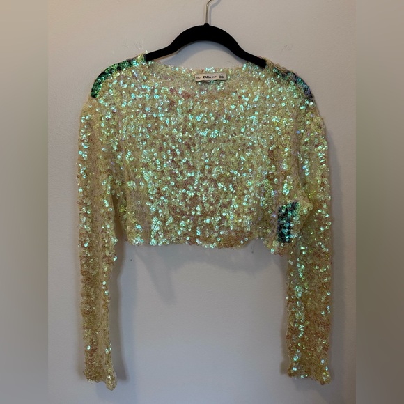 Zara Tops - Zara sequin long sleeve crop top iridescent size Medium women’s holiday